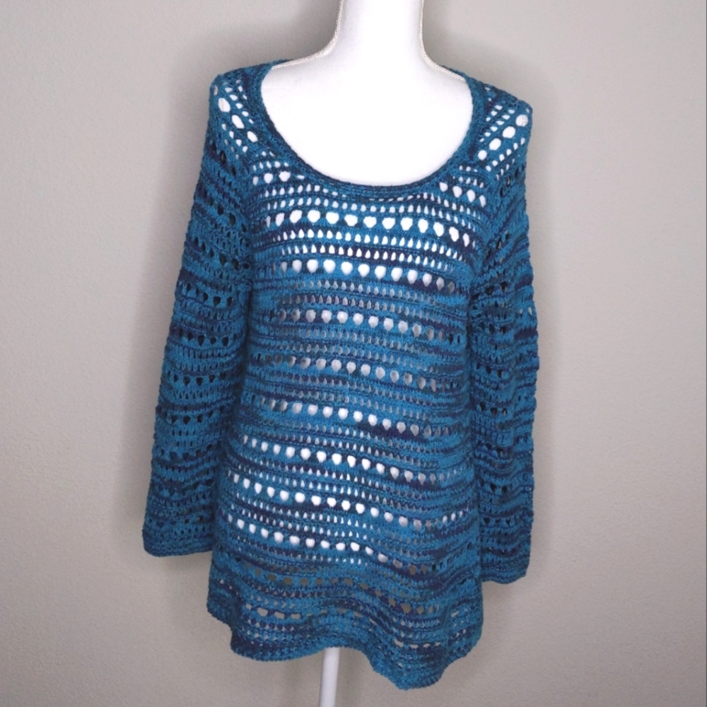 Lucky Brand Teal Crochet Knit Sweater Size Medium - Picture 7 of 7